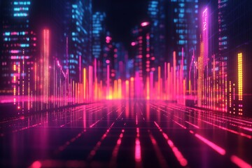 A vibrant digital cityscape with glowing lines and bars representing data, set against a dark background, creating a futuristic atmosphere.