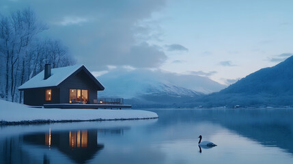 Fototapeta premium Cozy winter cabin by a lake at dawn