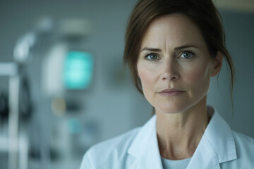 A serious female doctor in a lab coat, her expression conveying professionalism and concern.