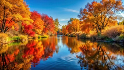 Fototapeta premium Autumnal River Reflection Vibrant foliage mirrored in tranquil water, showcasing nature's breathtaking artistry during the fall season.