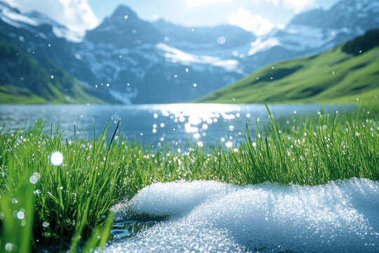 Melting snow on green grass near mountain lake