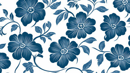 Decorative floral pattern, blue flowers on white background, seamless repeat. Possible use wallpaper design, fabric print