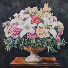 Watercolor depiction of a floral arrangement with lilies and carnations placed on a wooden pedestal.