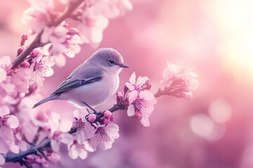 Small bird on cherry blossom branch in soft pink light
