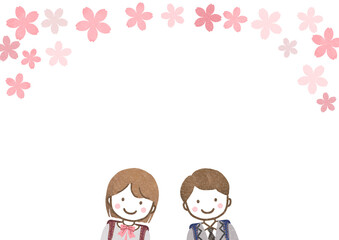 笑顔の小学生と桜のフレーム