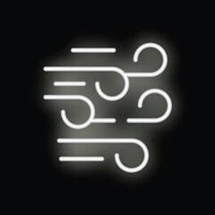 Neon sign showing wind blowing with bright white neon light on black background