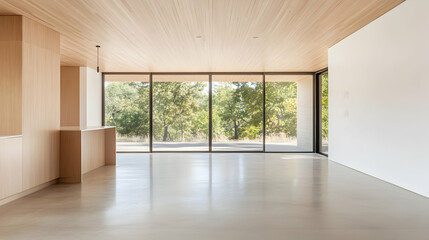 Obraz premium Empty modern house interior with panoramic forest views, great for showcasing design