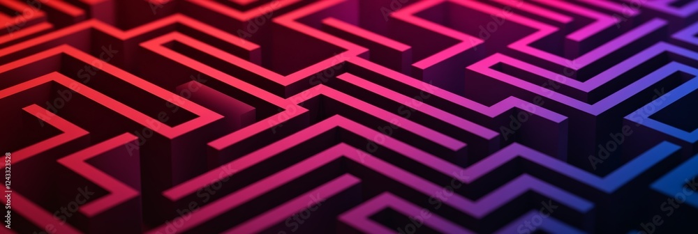 Poster Intricate maze structure symbolizing the challenges of decision making, career paths, and the fear of better options - fobo - , highlighted with a vibrant gradient from red to blue