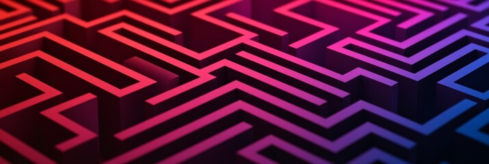 Intricate maze structure symbolizing the challenges of decision making, career paths, and the fear of better options - fobo - , highlighted with a vibrant gradient from red to blue