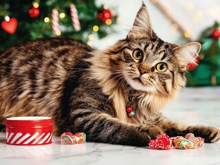 Playful Cat Surrounded by Colorful Holiday Decorations and Treats in Festive Atmosphere with Christmas Tree Background