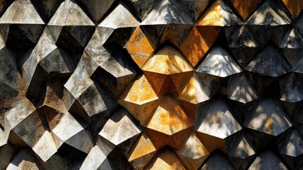 Geometric stone wall texture, outdoor, sunlight, shadows, design
