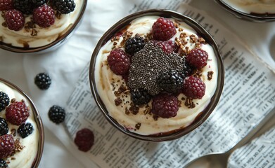 Delicious dessert cups with cream, berries, and granola served on a wooden table