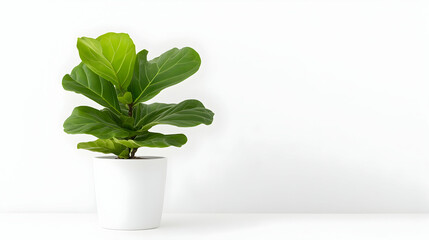 Fototapeta premium Fiddle leaf fig plant in white pot against white background. Possible use Interior design, home decor