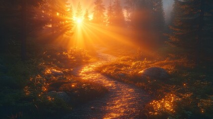 Obraz premium Sunlit Forest Path, Misty Sunrise, Hiking