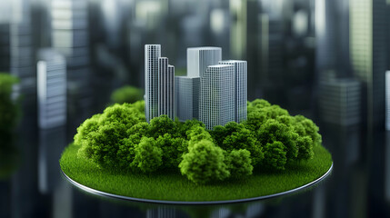 Green city, sustainable urban development, eco-friendly buildings amidst lush greenery, futuristic metropolis background, perfect for environmental reports