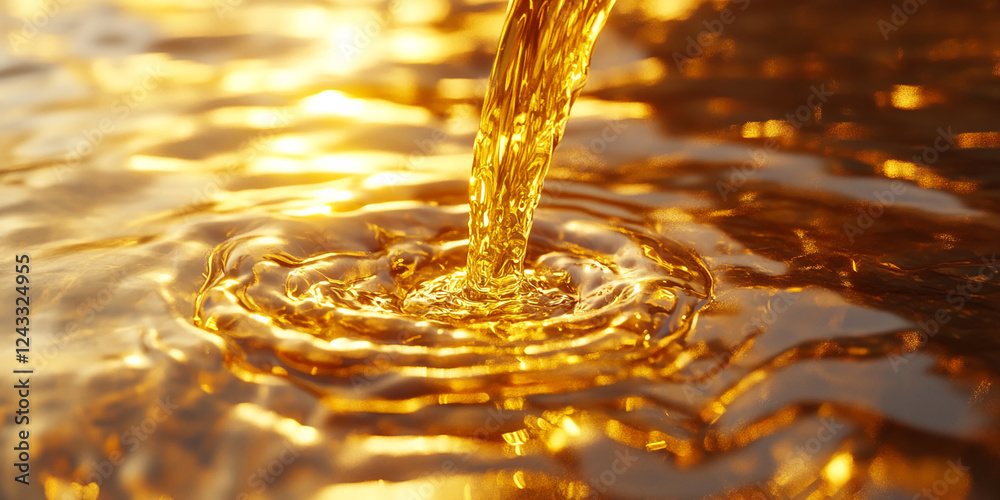 Poster golden liquid flowing and splashing in a water pool, creating ripples in the surface, symbolizing pu