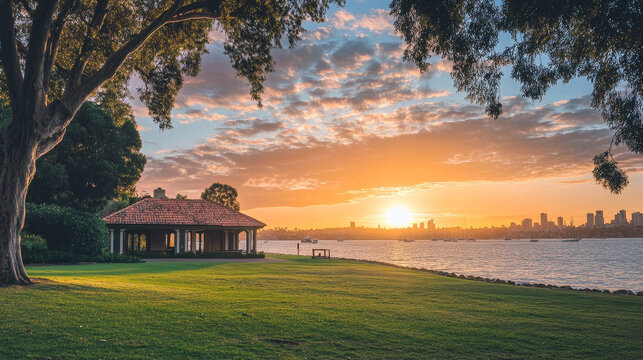 Golden sunrise illuminates the iconic , casting a serene glow over the calm waters.