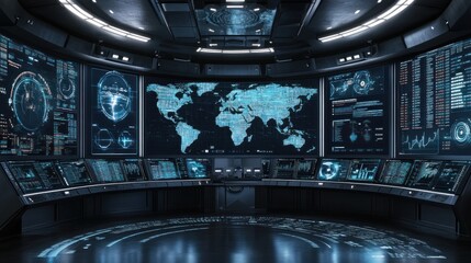 Futuristic Global Surveillance Command Center Interior
