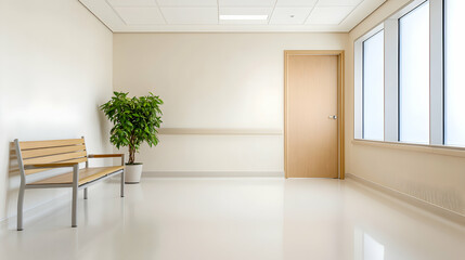 Hospital corridor waiting area, peaceful ambiance, sunlight, plant, bench.  Use Medical website background