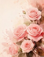 A greeting card background with delicate pink roses and soft beige watercolor strokes.