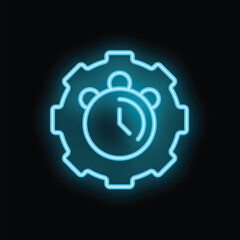 Neon blue clock glowing inside a gear representing the concept of time management