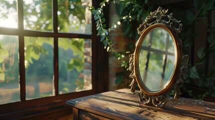 Obraz premium A mirror with a decorative frame placed on a wooden table, reflecting the outdoor scenery through an open window, with sunlight casting gentle shadows.