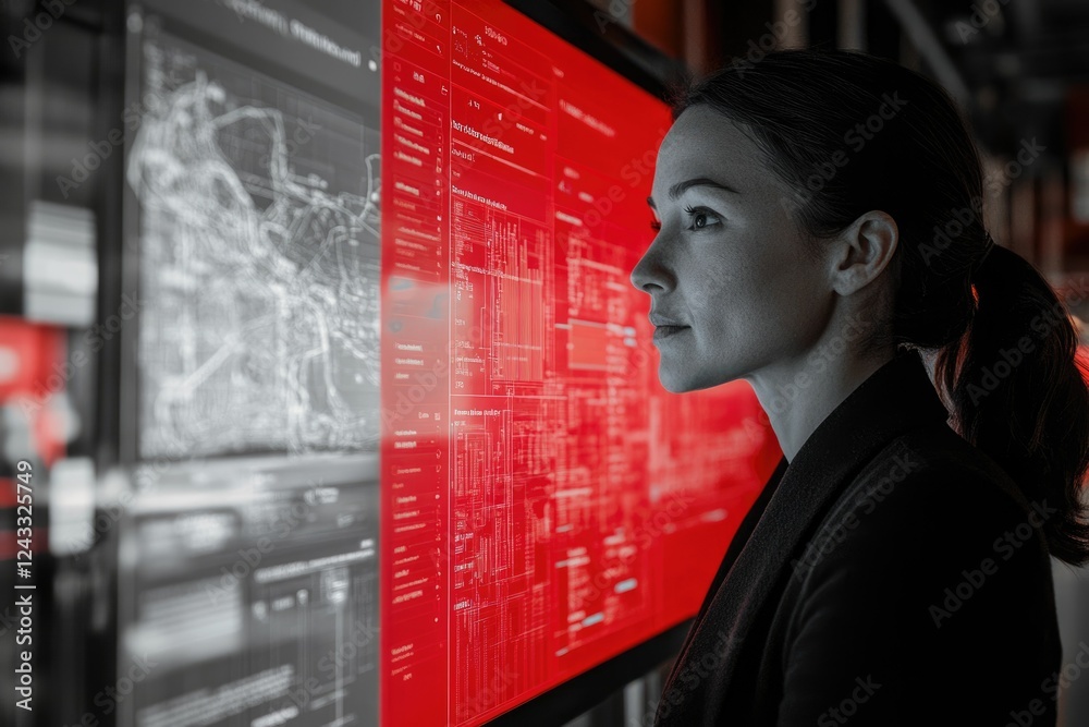 Poster A woman intently studies a large screen displaying complex red data streams and system schematics.