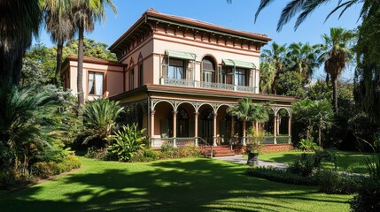 Fototapeta premium A tranquil view of the historic Bluff No. House in Yokohama, surrounded by lush gardens and historic charm.