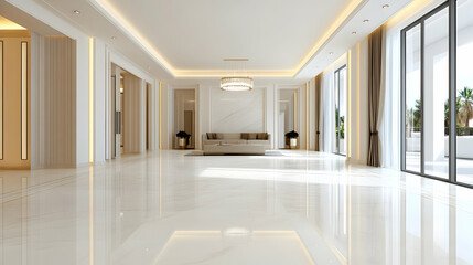 Luxurious white interior hallway with large windows and patio