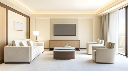 Fototapeta premium Luxurious hotel suite living room with city view; relaxing atmosphere