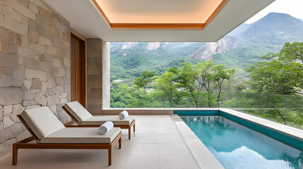 Luxurious patio with pool overlooking mountains. Ideal for relaxation and hotel promotion