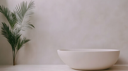 Fototapeta premium Minimalist bathroom with a modern bathtub and palm leaves, tranquil setting, perfect for spa or home decor