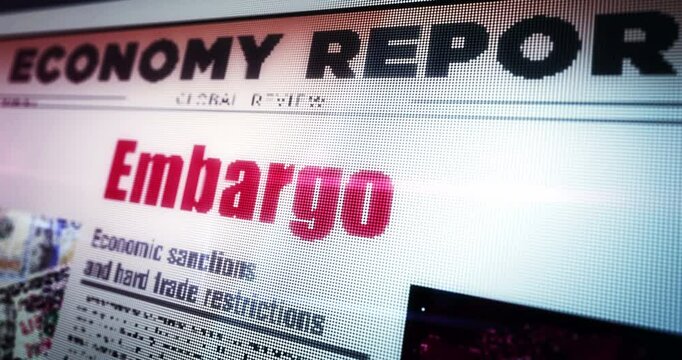 Embargo trade sanctions and economic war daily newspaper reading on mobile tablet computer screen. Touch screen with headlines news abstract concept 3d.