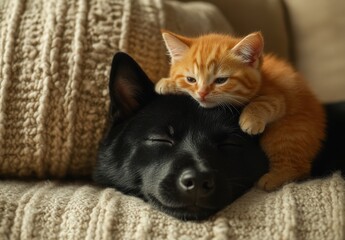 Heartwarming Moment of Cat and Dog Cuddling Together on Cozy Blanket in Living Room Setting, Showcasing Friendship and Comfort