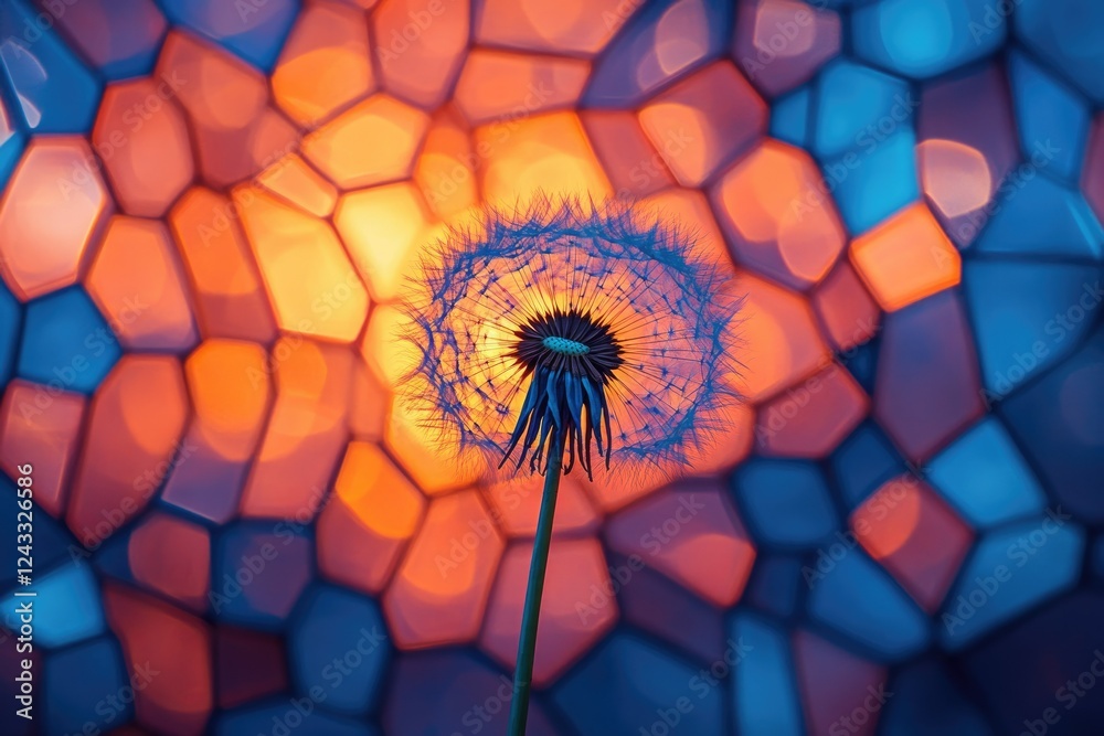 Poster a dandelion seed head backlit against a vibrant mosaic of orange and blue, creating a surreal and ar