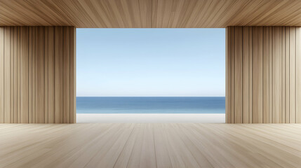 Minimalist wooden interior with ocean view