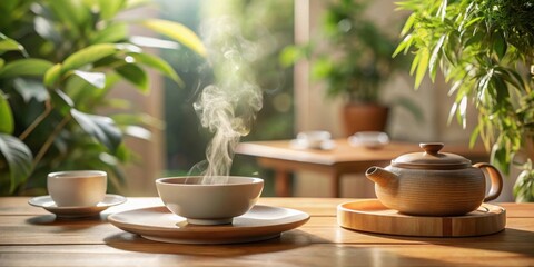 Serene morning tea ritual with steaming beverage in a bowl and teapot on a wooden table, surrounded by lush greenery