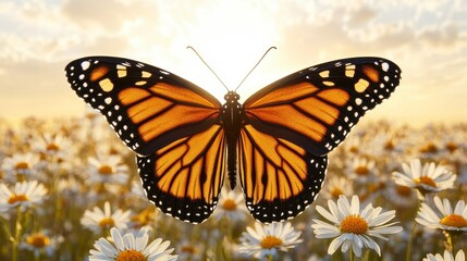 Fototapeta premium Orange Butterfly In Daisy Field At Sunset