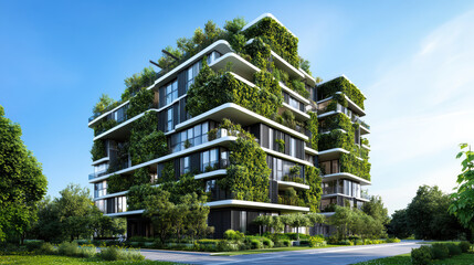 Contemporary condo with focus on green living, featuring lush greenery and modern architecture. This eco friendly design promotes sustainability and harmony with nature