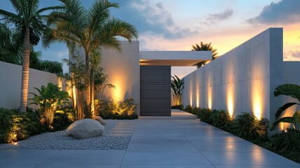 Modern tropical house entrance, dusk lighting, landscaping