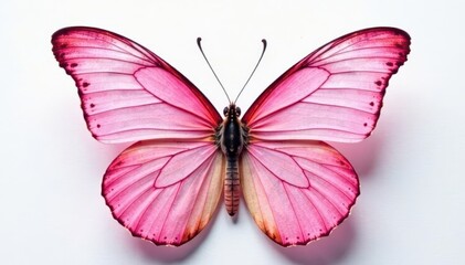 Delicate pink butterfly wings spread wide on pure white , macro, graphic