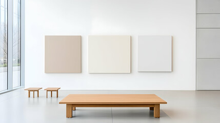 Modern art gallery, empty exhibition space, minimalist design, showcasing contemporary art