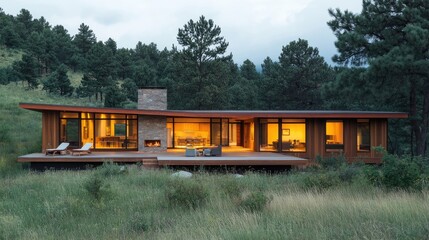 Modern minimalist ranch style house with mono pitch roof and timber wood cladding exterior