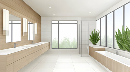 Obraz premium Modern bathroom interior with natural light and plants. Possible use for home design magazines or real estate websites