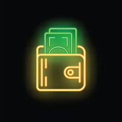 Neon wallet holding cash money on black background glowing green and yellow symbolizing wealth and prosperity
