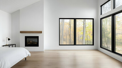 Obraz premium Modern bedroom with large windows overlooking fall foliage. Interior design