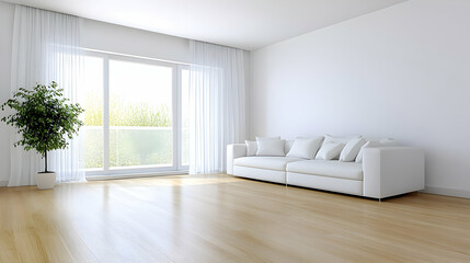 Modern bright living room with large window, relaxing atmosphere, interior design