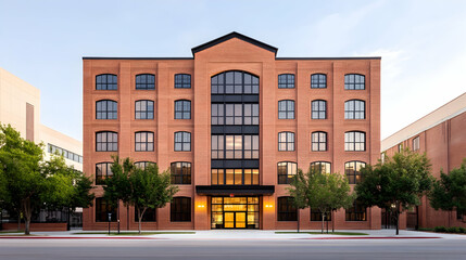 Fototapeta premium Modern brick building facade, dawn light, urban setting, architectural photography, street view