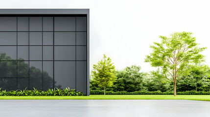 Modern building exterior with landscaping, tranquil scene, possible use for architectural design or business presentations