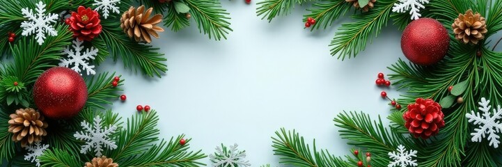 evergreen branches intertwined with snowflakes and pinecones, festive wreath, holiday wreath